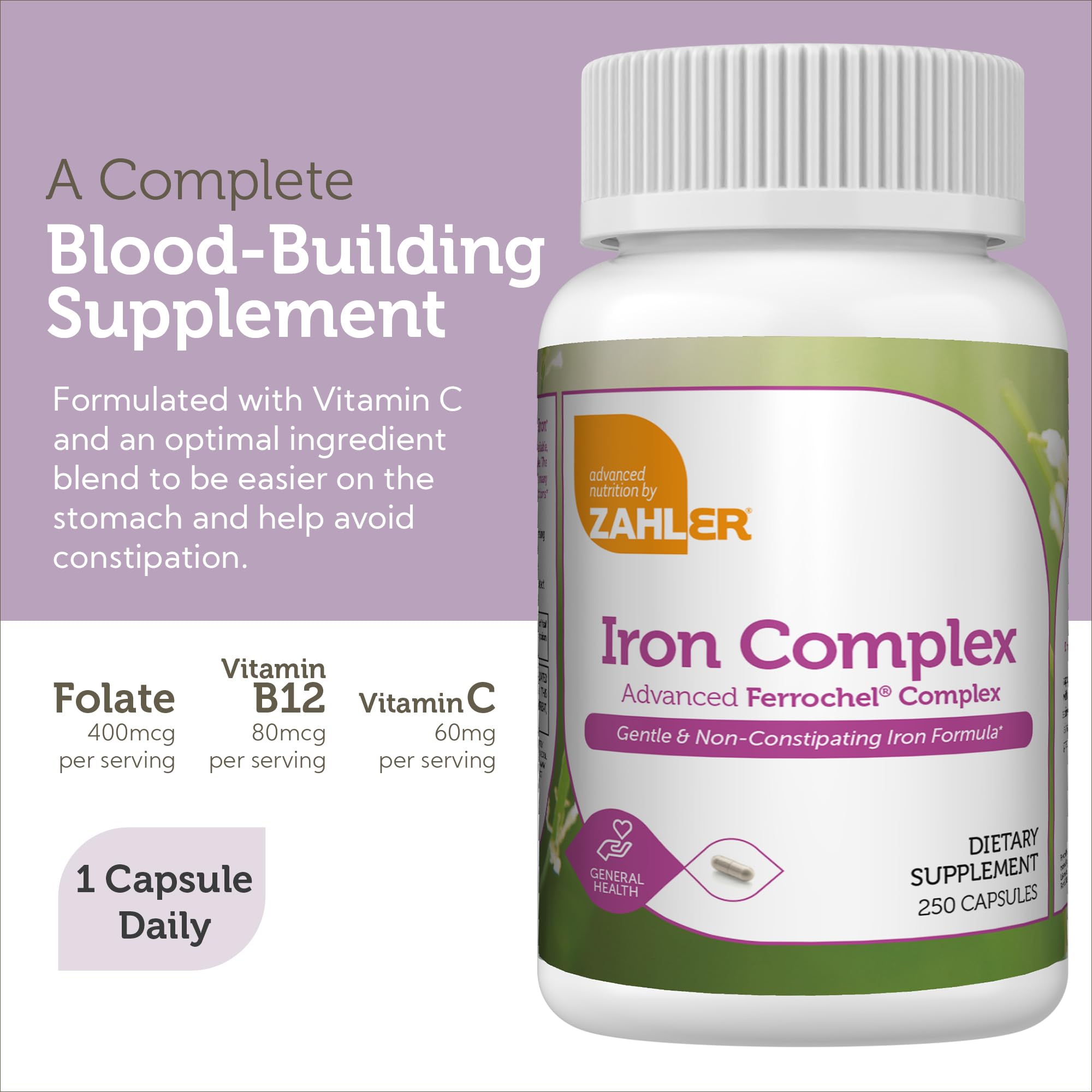 Pouring Zahler Iron Complex capsules to illustrate easy daily dosing.