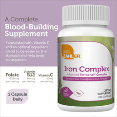 Pouring Zahler Iron Complex capsules to illustrate easy daily dosing.