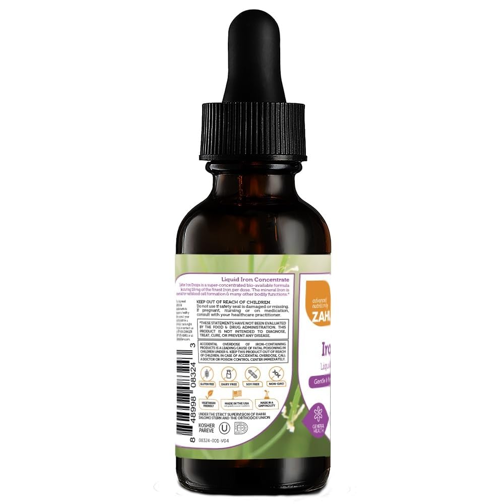 Zahler Iron Drops label highlights gluten-free, non-GMO, dairy-free benefits