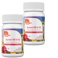 Zahler Junior Vitamin D3+K2 chewable tablets for kids support bone and teeth health.