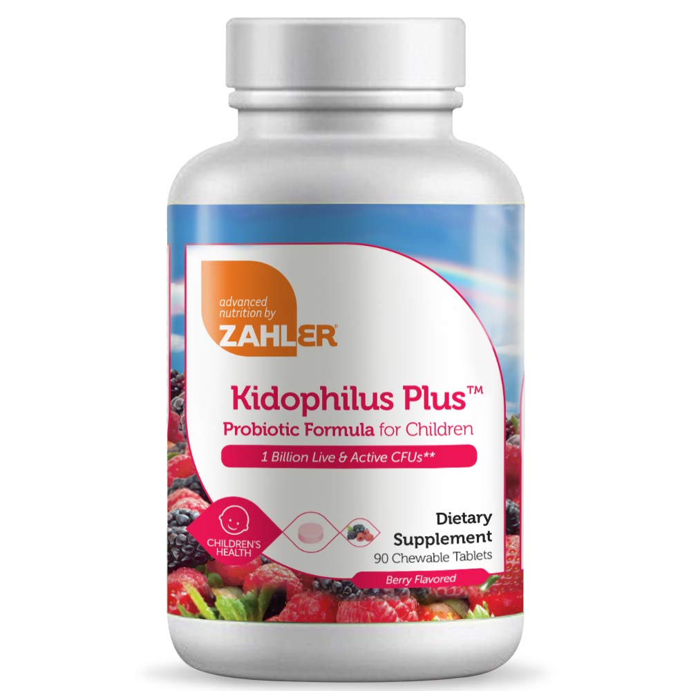 Zahler Kidophilus berry chewable showing tasty probiotic for kids' gut balance.
