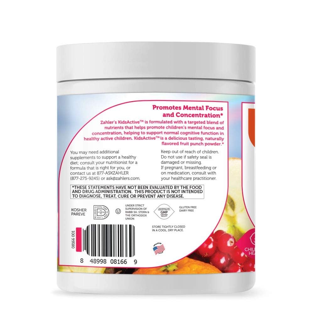 Zahler KidsActive nutrition label highlights essential vitamins and minerals for balanced support.