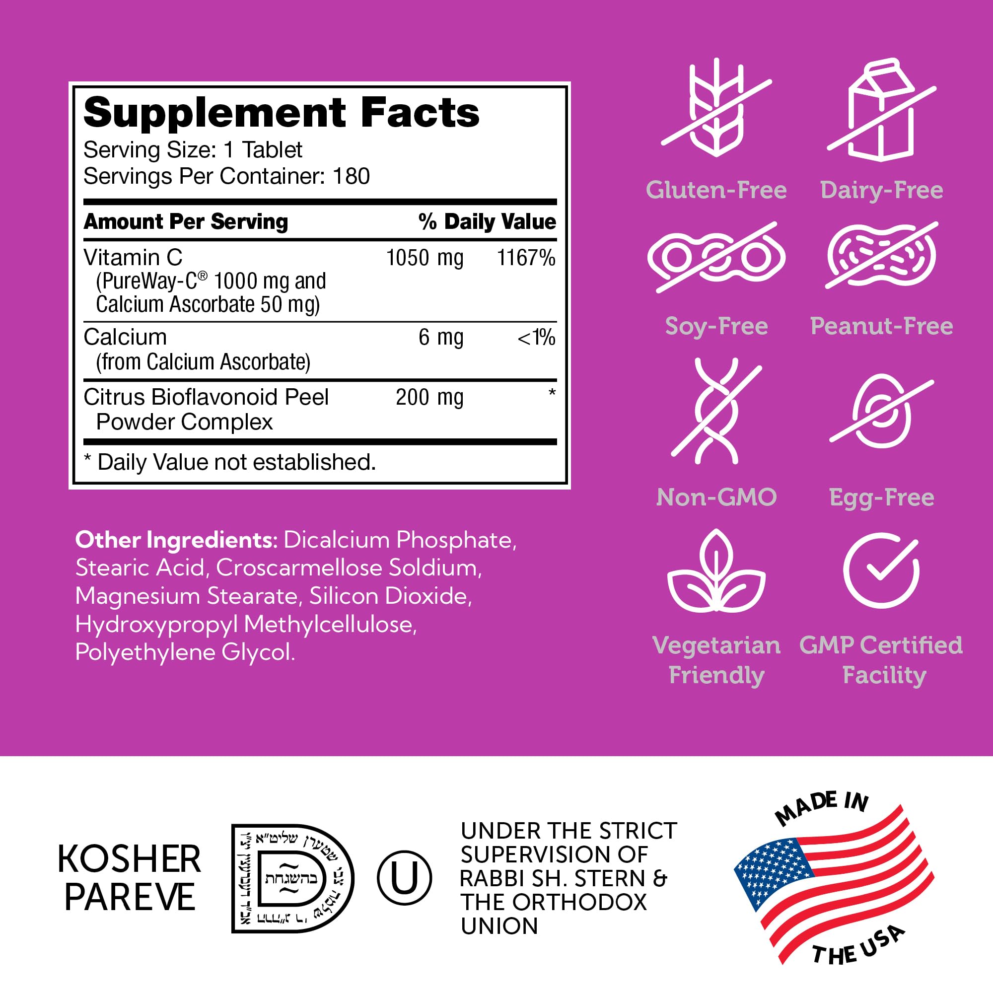 Zahler Vitamin C packaging highlights gluten-free and kosher certification.