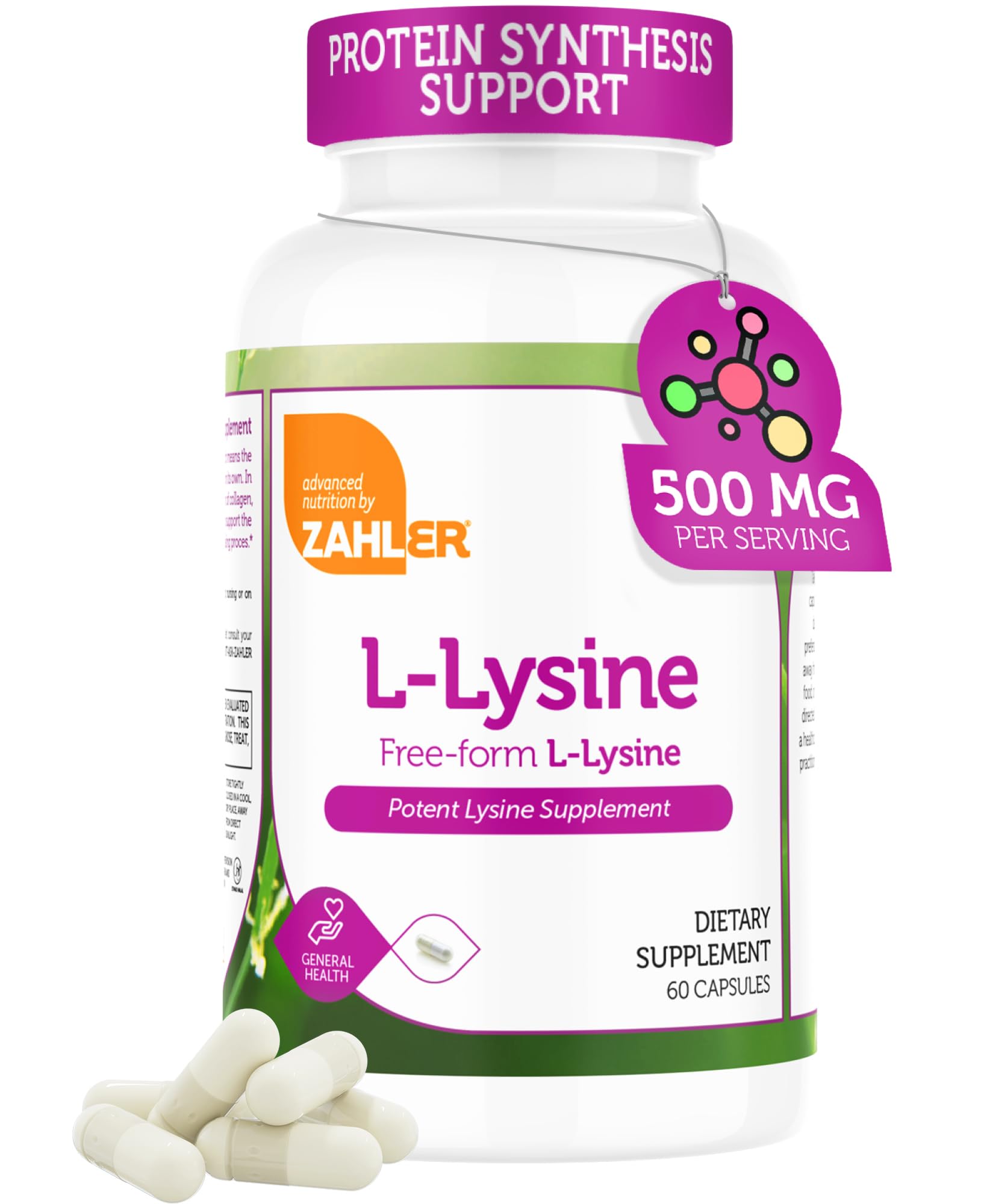 Close-up of the Zahler L-Lysine 500mg label with dosage details.