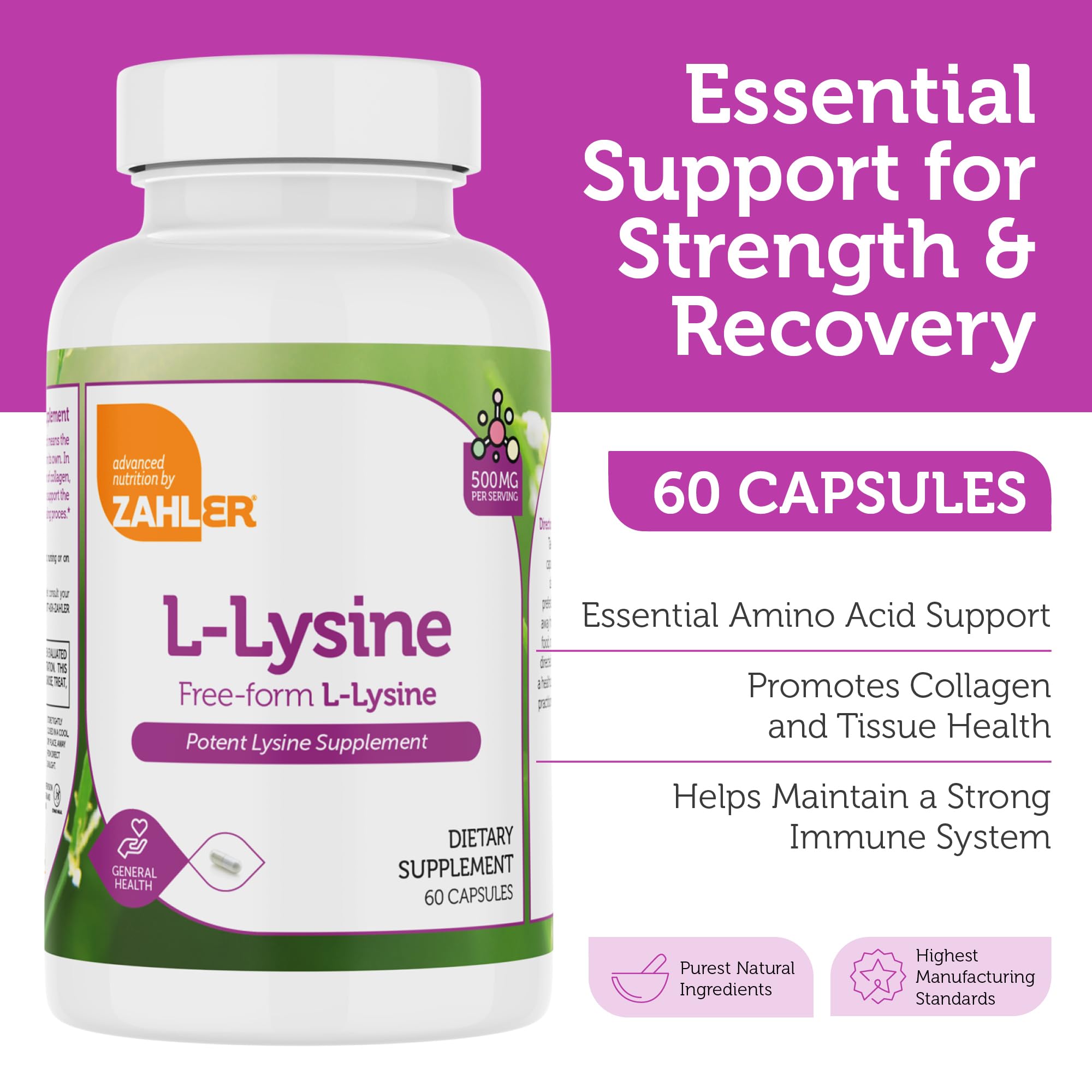 Zahler L-Lysine capsules inside the bottle, ready for daily intake.