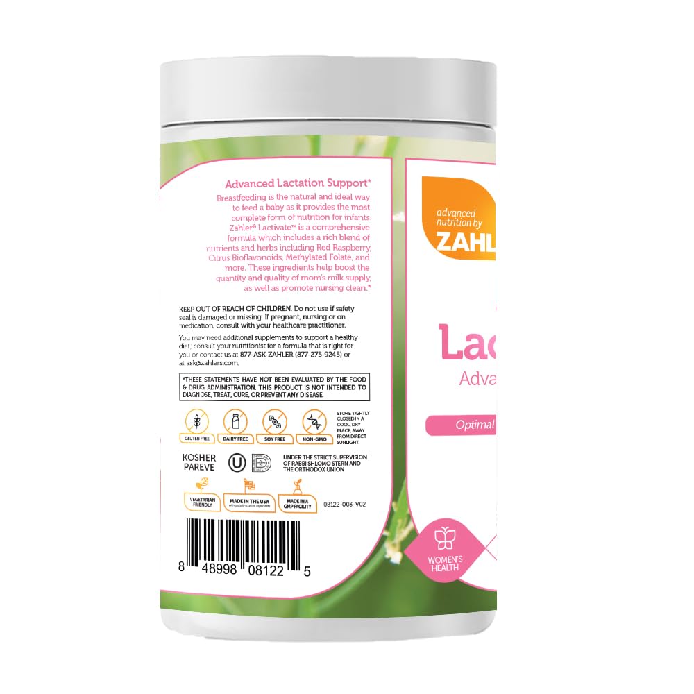 Zahler Lactivate bottle front showing kosher-certified nursing supplement