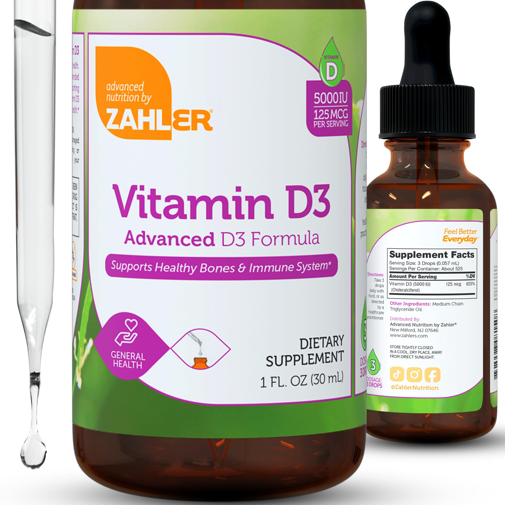 Zahler D3 drops with dropper illustrating easy dosing for adults.