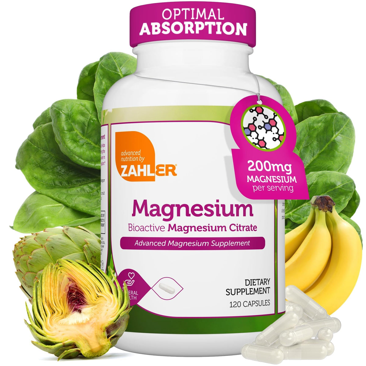 Zahler magnesium citrate bottle front displaying 200 mg capsules for daily support.