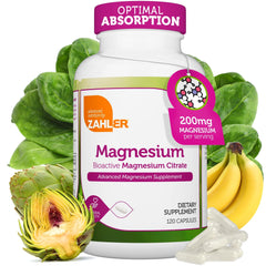 Zahler magnesium citrate bottle front displaying 200 mg capsules for daily support.