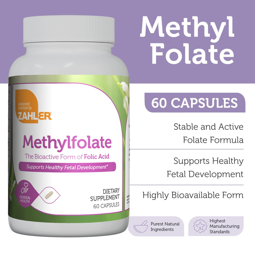 Zahler Methylfolate bottle label closeup highlights 1000 mcg DFE content.