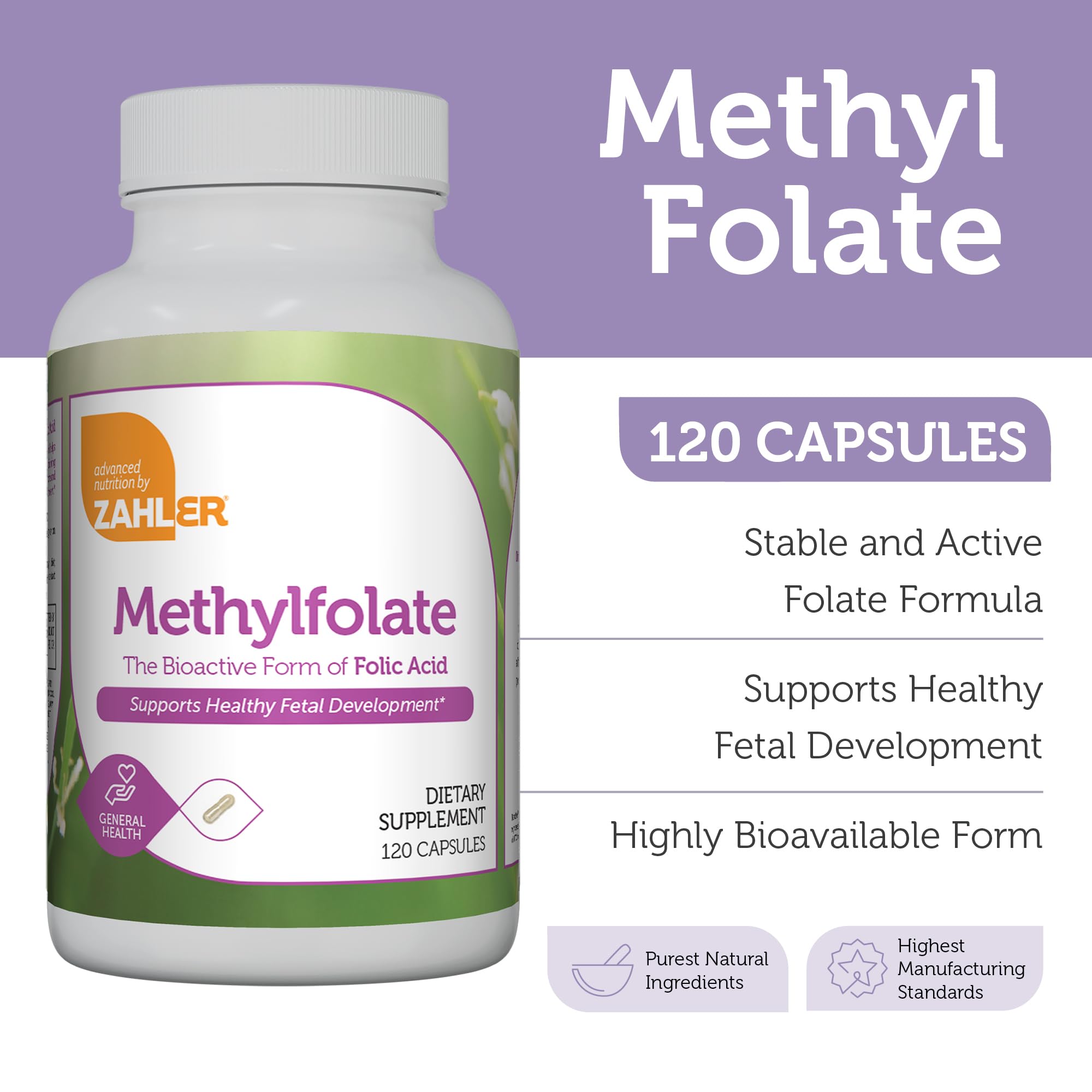 Zahler Methylfolate capsules close-up highlighting methylfolate form for absorption.