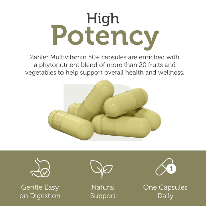 Zahler 50+ multivitamin produced in USA GMP-certified facilities