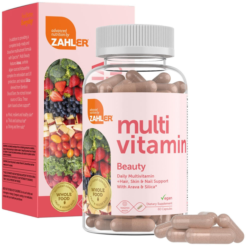 Zahler Multivitamin Beauty bottle shows daily support for skin, hair, and nails
