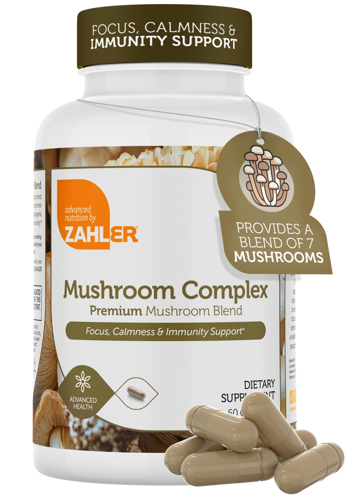 Zahler Mushroom Complex bottle front showing daily focus and immune wellness potential
