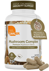 Zahler Mushroom Complex bottle front showing daily focus and immune wellness potential