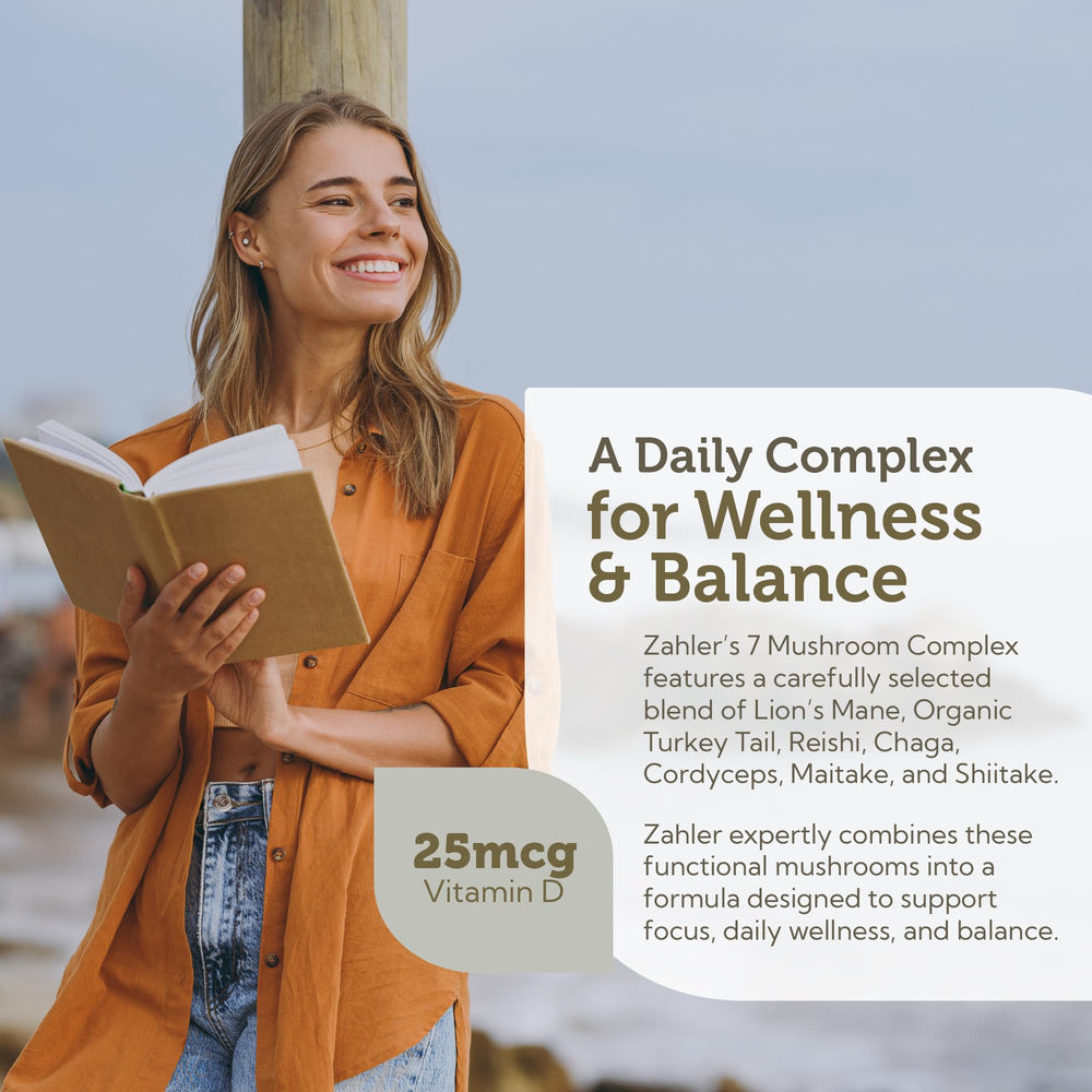 Zahler Mushroom Complex capsules arranged for daily use