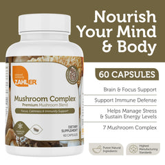 Close-up of Zahler label highlighting seven-mushroom blend