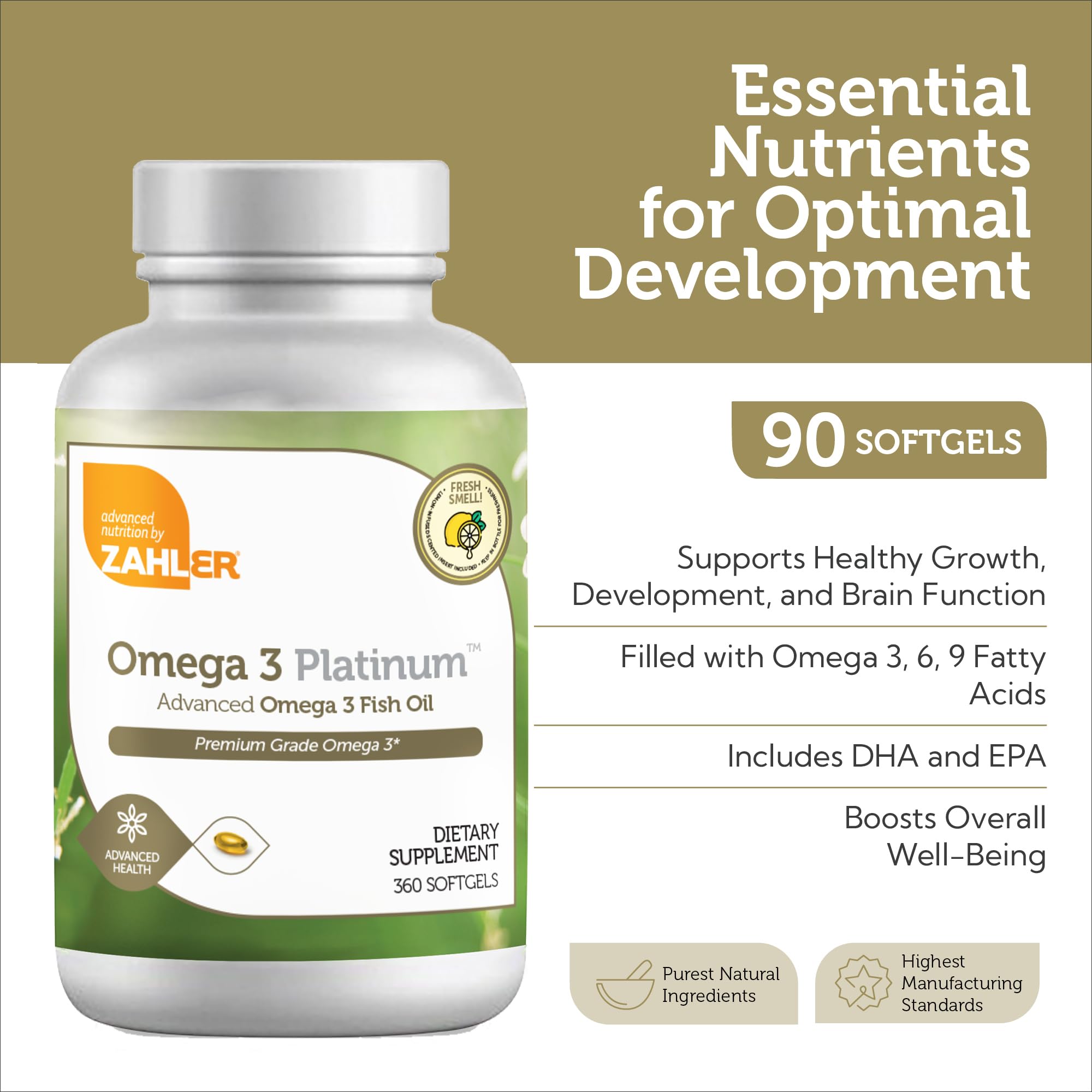 Zahler Omega-3 bottle pour of softgels indicating convenient daily dosing.