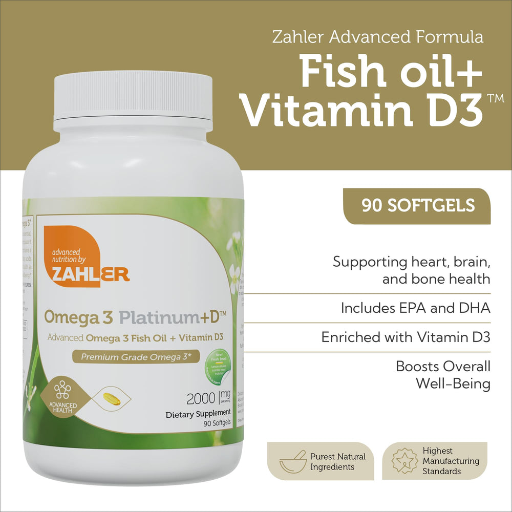 Zahler Omega 3 Platinum +D vitamin D boost included for balanced nutrition.