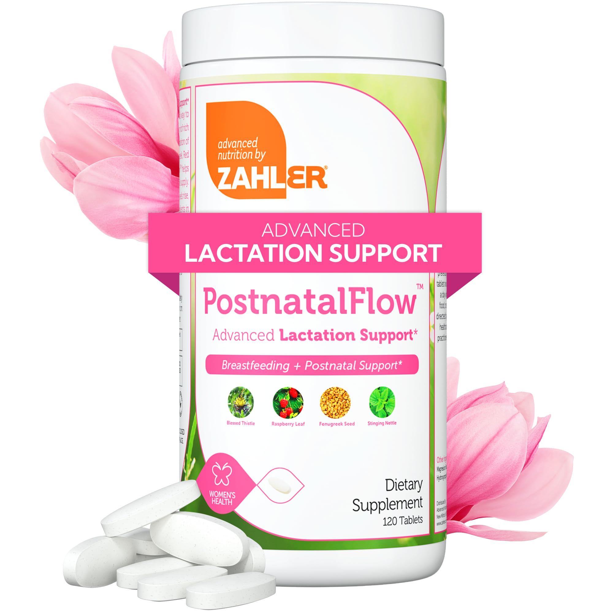 Zahler Postnatal Flow bottle front showing 120 tablets for lactation support.