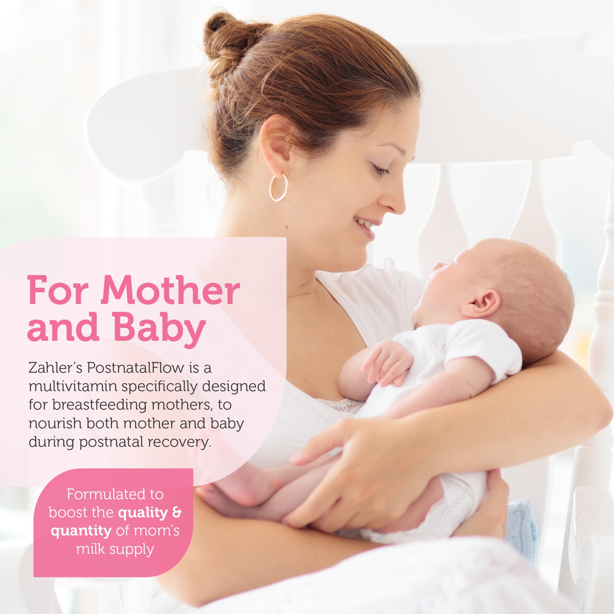 Zahler Postnatal Flow label highlights non-GMO and free-from ingredients.