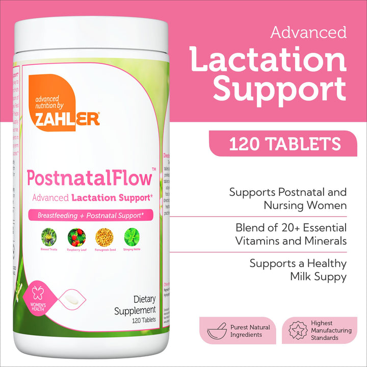 Close-up of Zahler Postnatal Flow tablets, small and easy to swallow.
