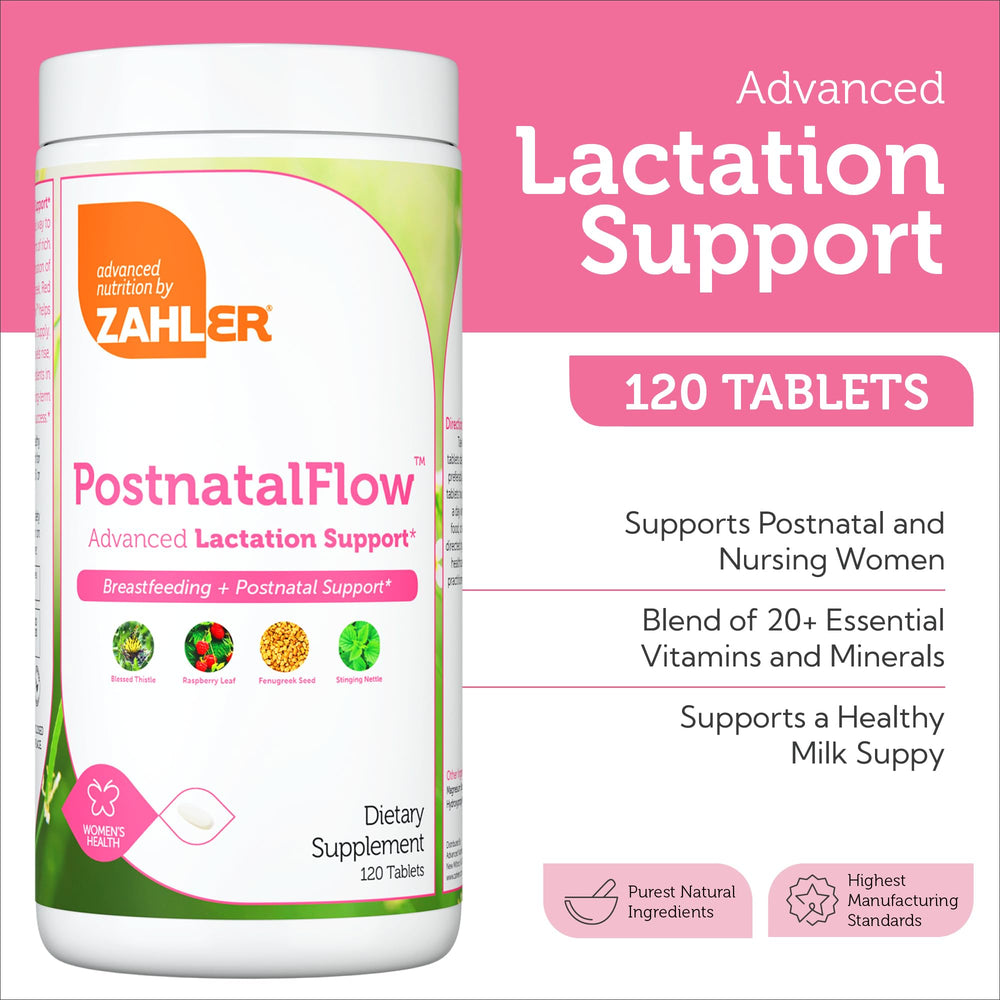 Close-up of Zahler Postnatal Flow tablets, small and easy to swallow.
