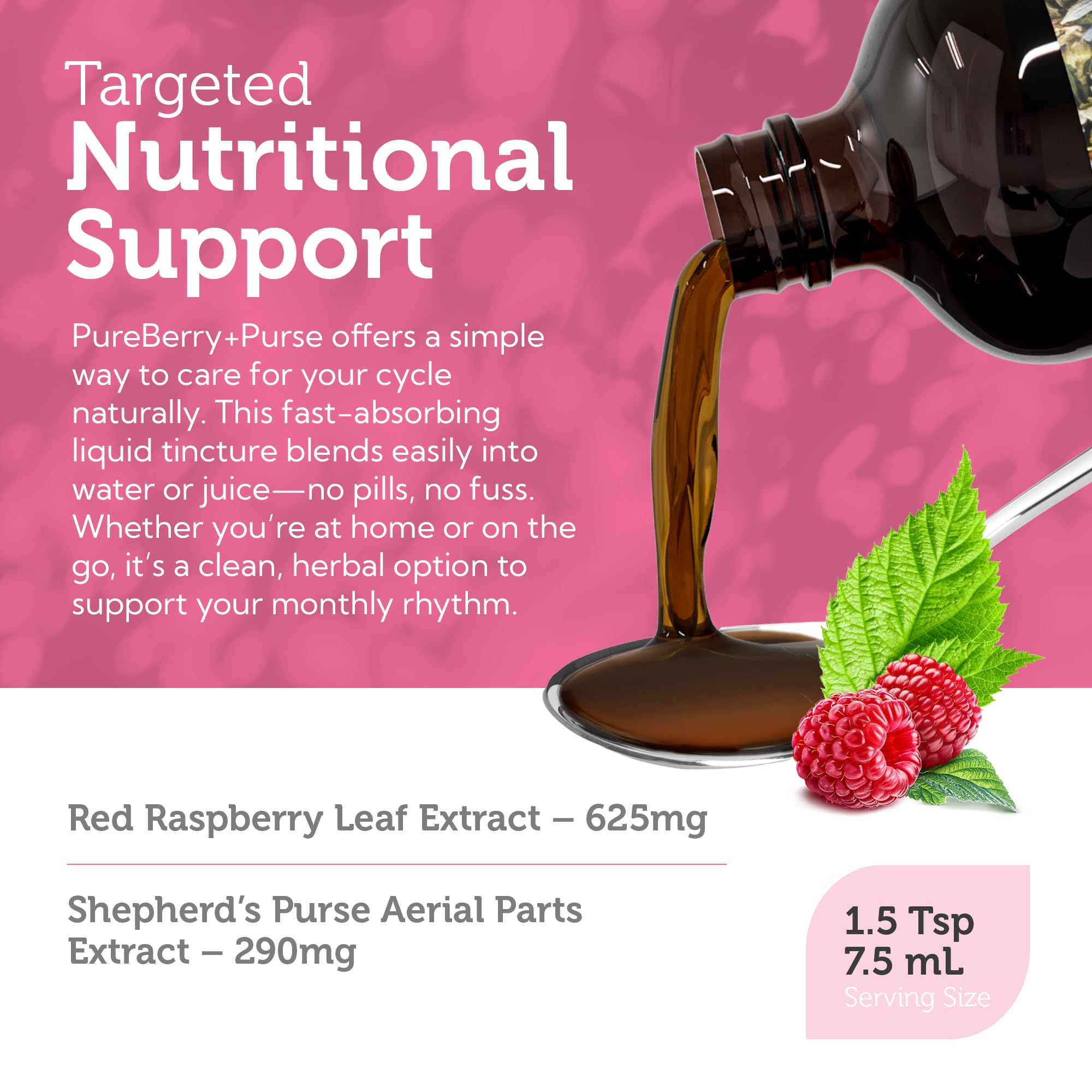 Zahler PureBerry+Purse bottle being dosed with the dropper