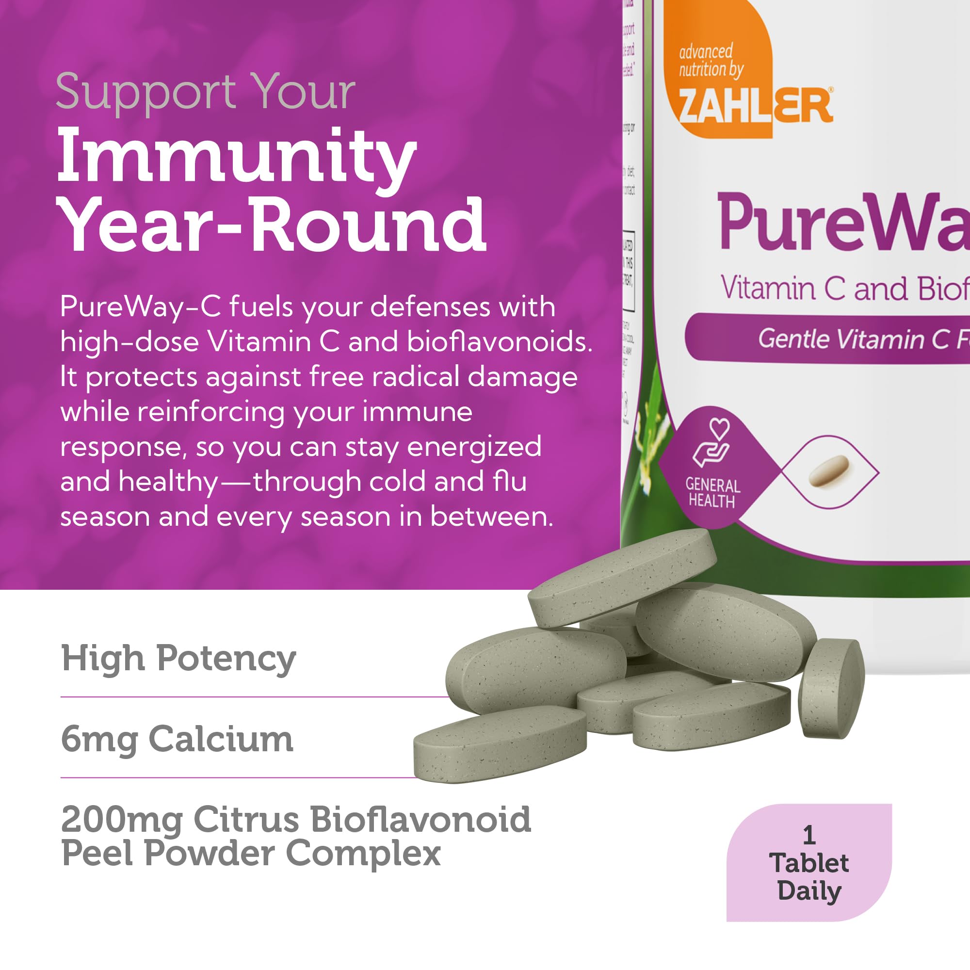 Calcium ascorbate-based Zahler Vitamin C offers gentler stomach tolerance.