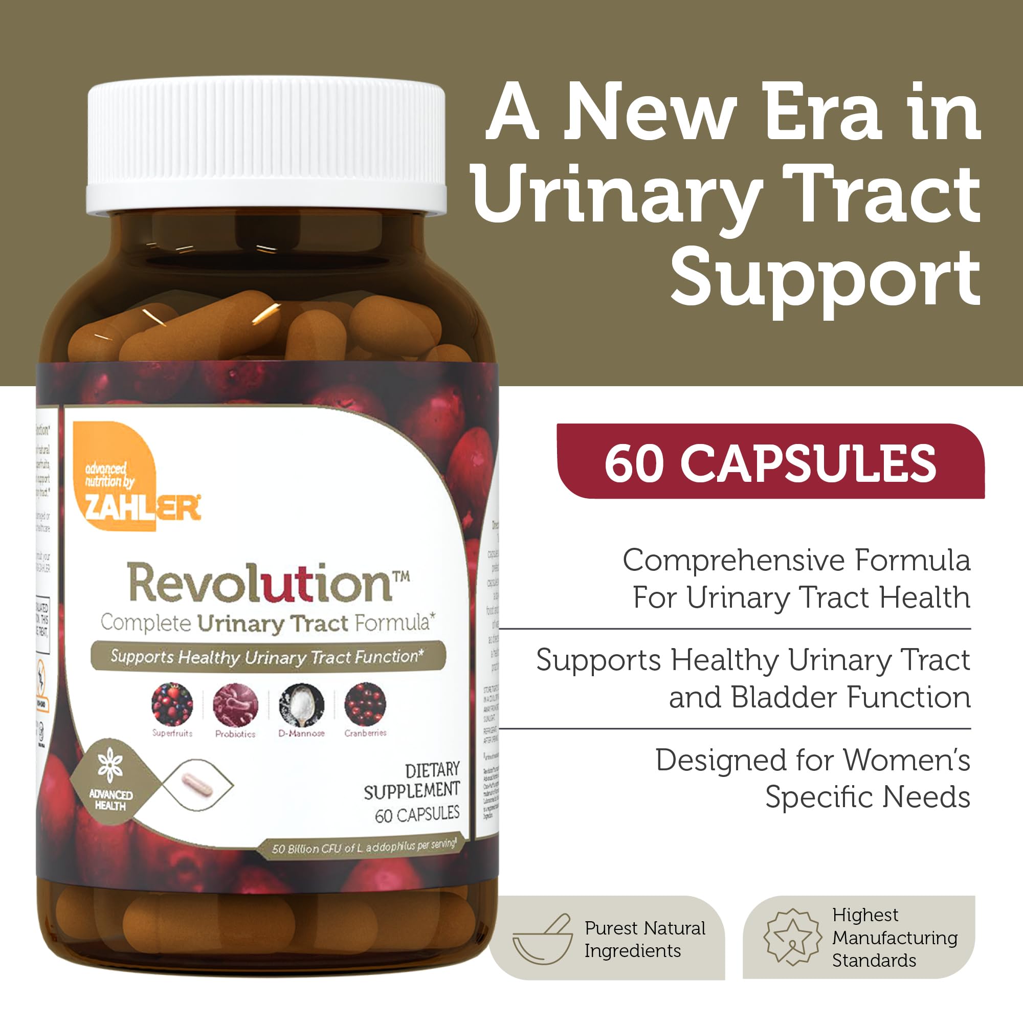Close-up of Zahler Revolution capsules highlighting probiotic blend for microbiome balance.