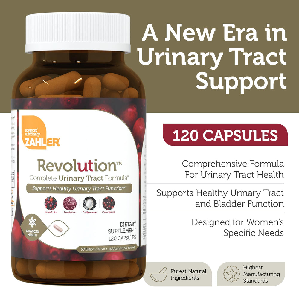 Zahler RevolUTion capsules close-up highlights 1200 mg D-Mannose and cranberry for urinary health.
