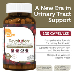 Zahler RevolUTion capsules close-up highlights 1200 mg D-Mannose and cranberry for urinary health.