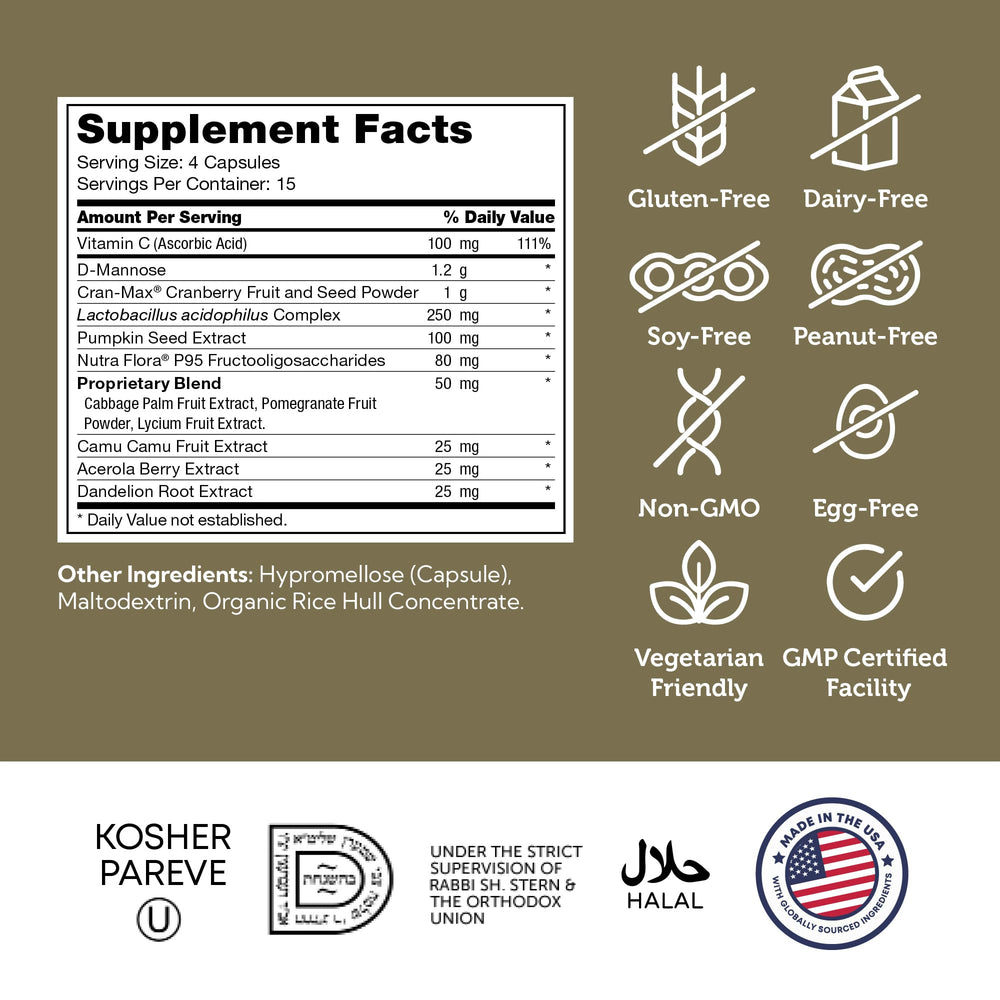 D-Mannose and cranberry components in Zahler Revolution for daily urinary wellness.
