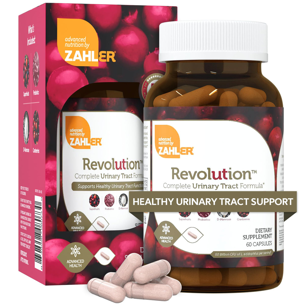 Zahler Revolution UTI pills bottle displaying capsules for urinary tract support.
