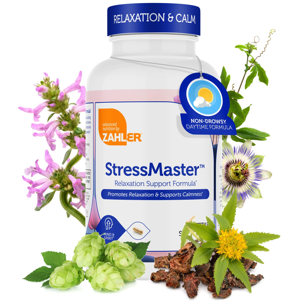 Zahler StressMaster bottle front promoting daytime calm and focus.