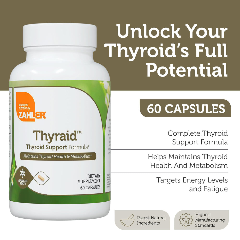 Zahler Thyraid capsules with water illustrate easy daily dosing for sustained energy support.