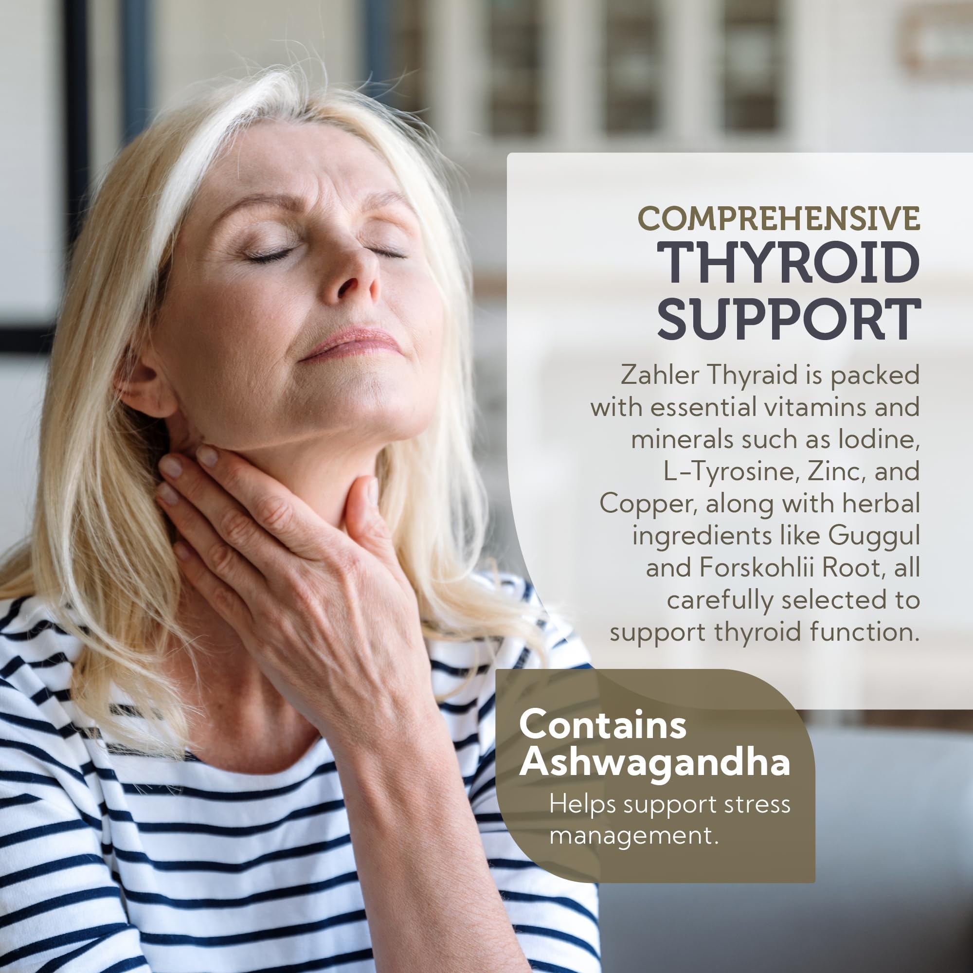 Zahler Thyraid key ingredients such as ashwagandha and forskohlii highlighted for holistic thyroid nutrition.