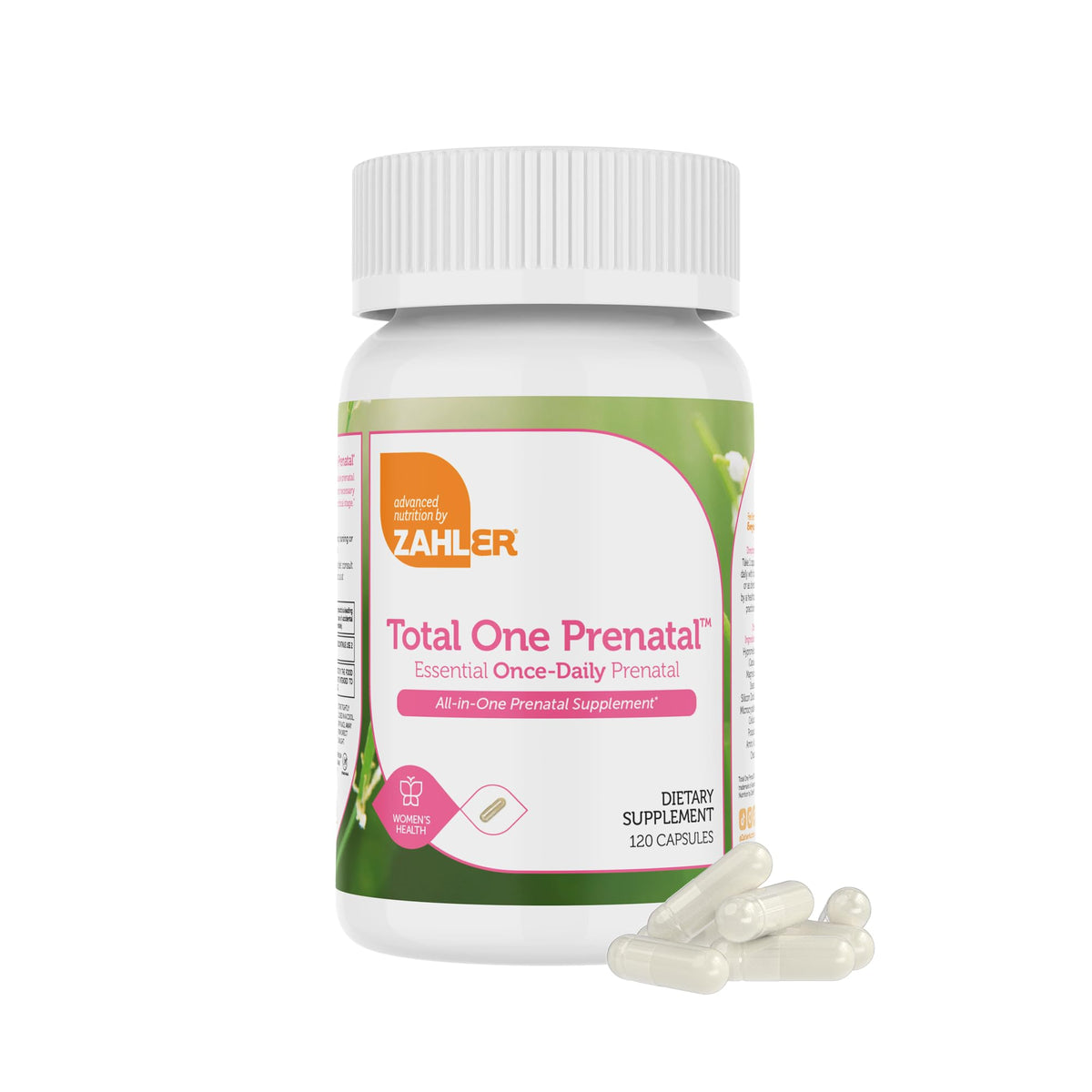 Zahler Total One Prenatal bottle closeup highlighting easy-to-swallow capsules.