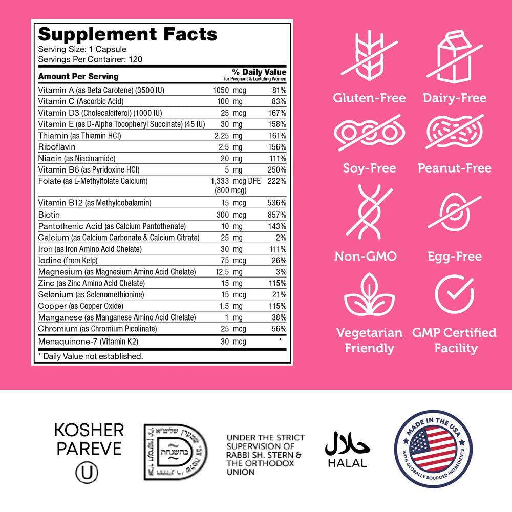 Zahler Total One Prenatal bottle label shows take with food.