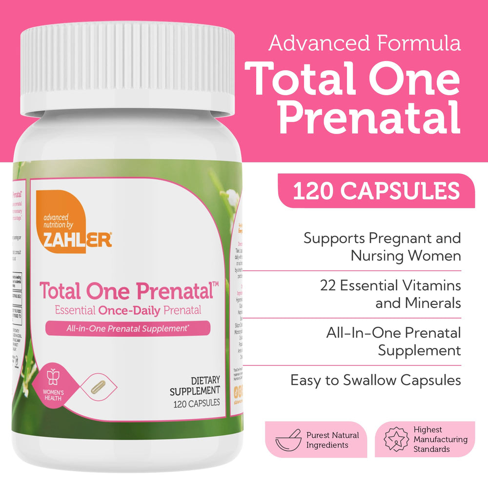 Zahler Total One Prenatal packaging shows a 120-count bottle for daily use.