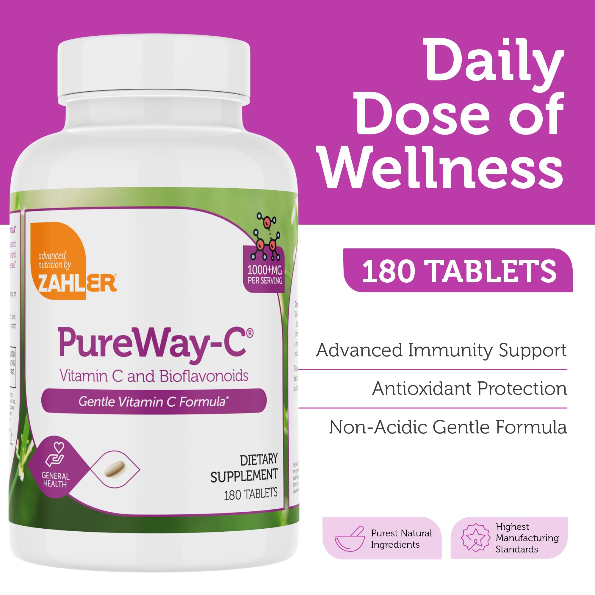 Close-up of Zahler Vitamin C 1000mg tablet shows smooth nonacidic formula.