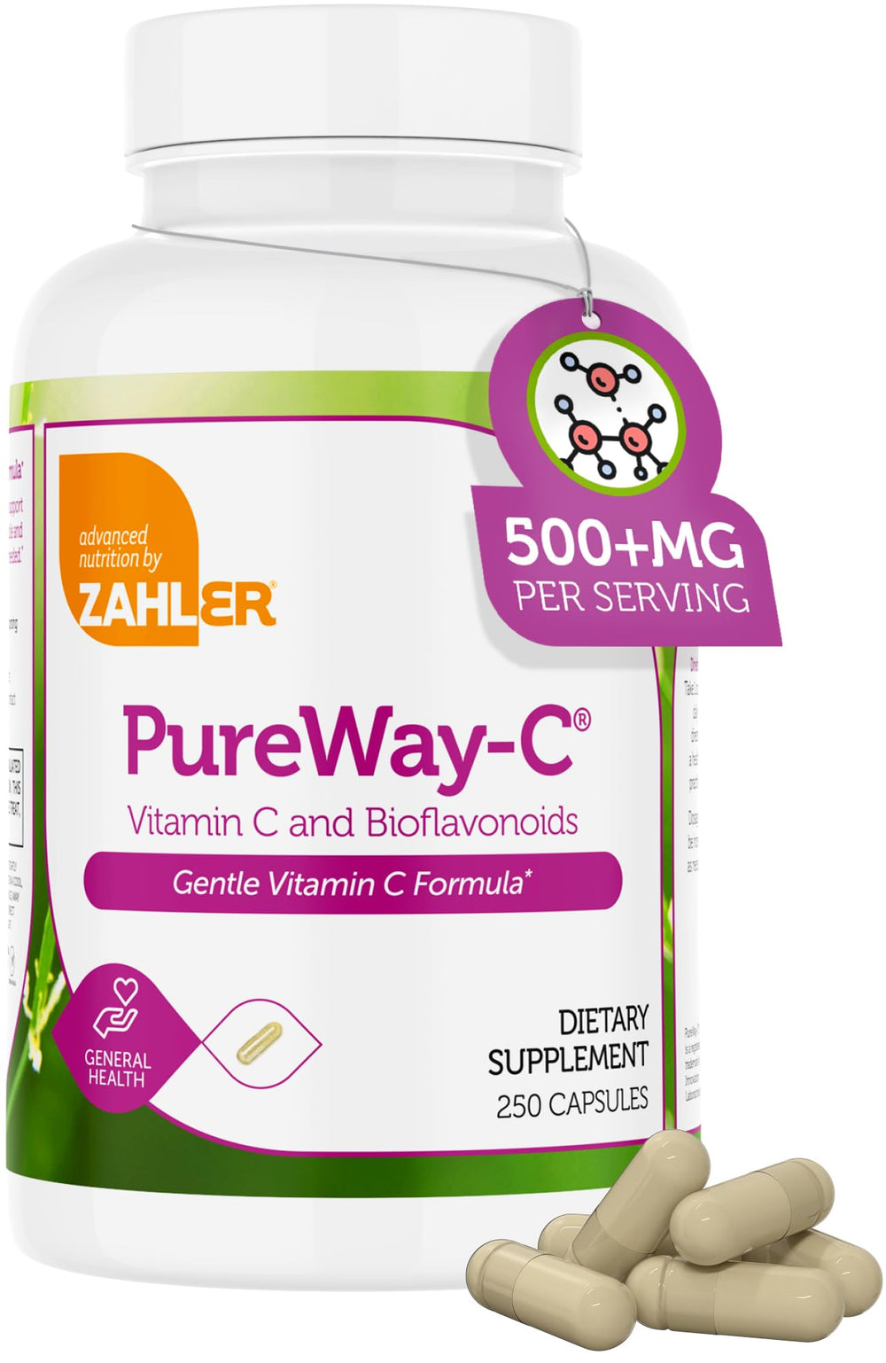 Zahler Vitamin C 500mg bottle close-up shows a gentle, immune-friendly formula.