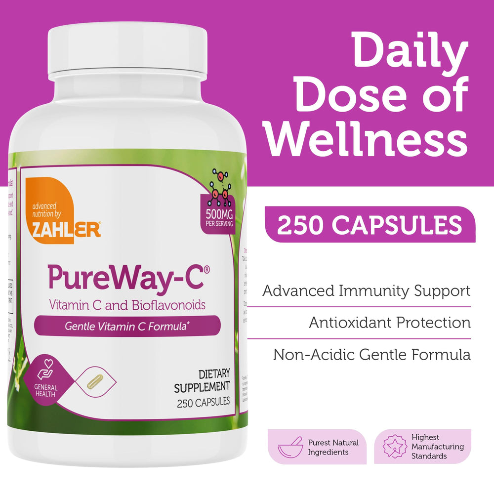 Zahler Vitamin C 500mg capsules close-up highlights easy digestion.
