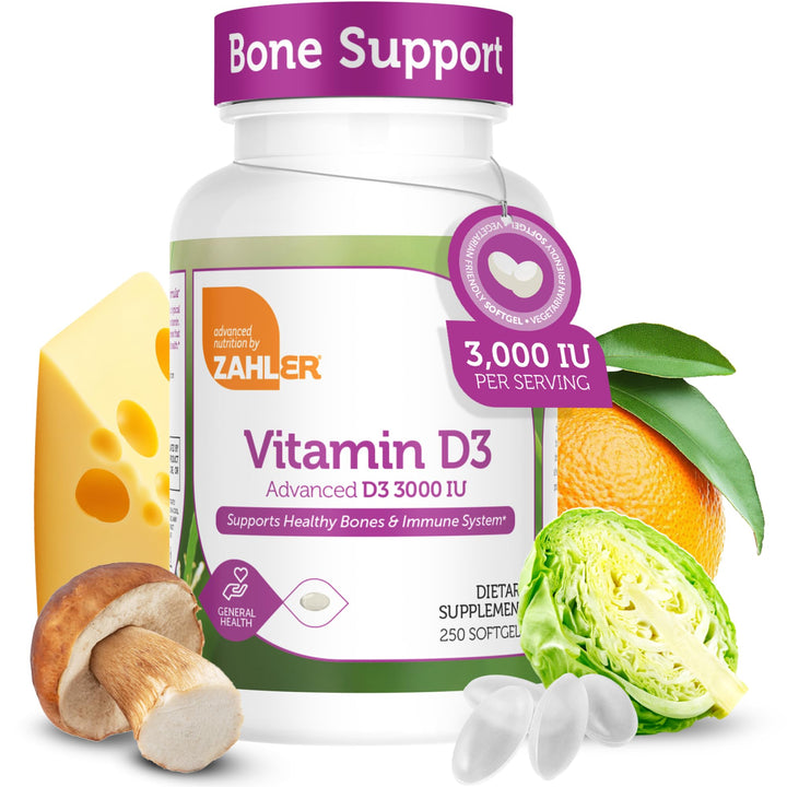 Zahler Vitamin D3 3000IU bottle pour showing easy daily dosing for bone and immune support.