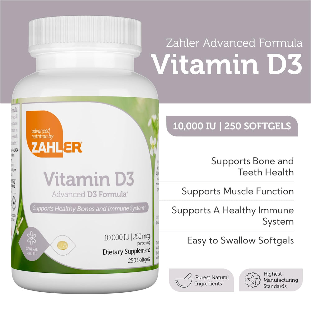 Zahler Vitamin D3 softgels poured into a hand for convenience