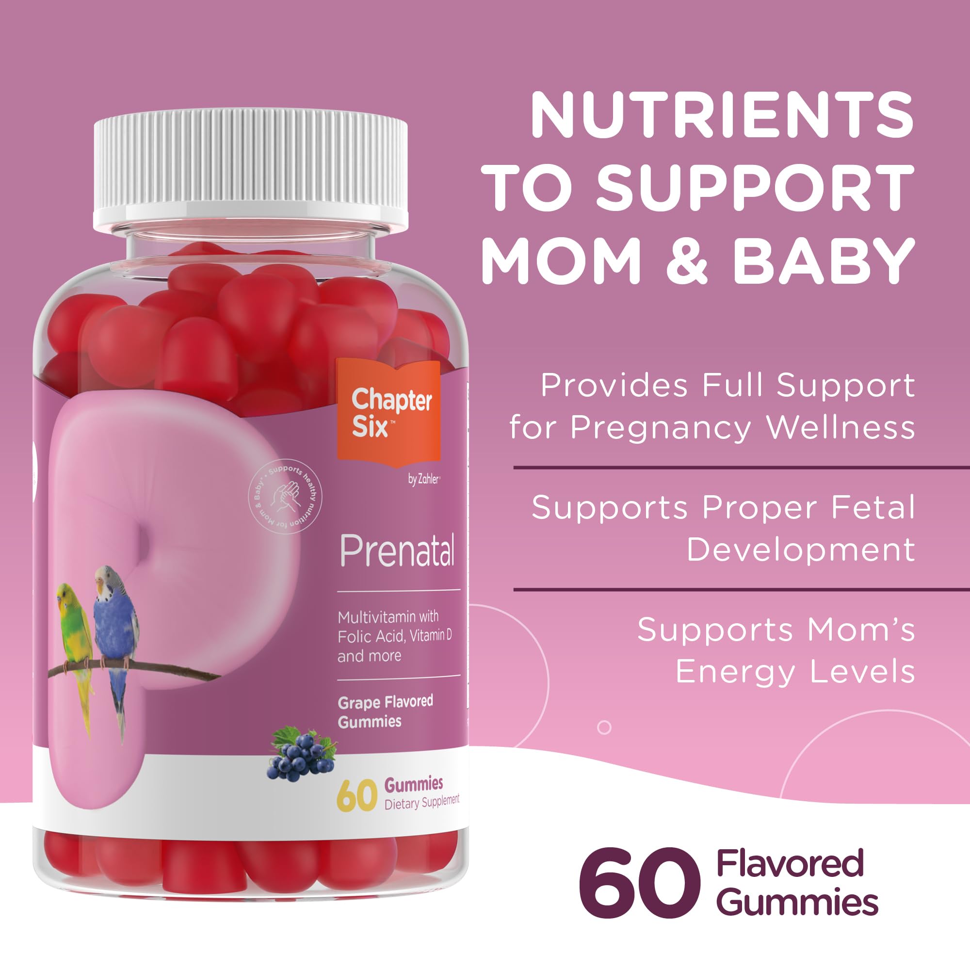 Close-up of Zahler Prenatal Gummies grape flavor highlighting convenient daily prenatal support