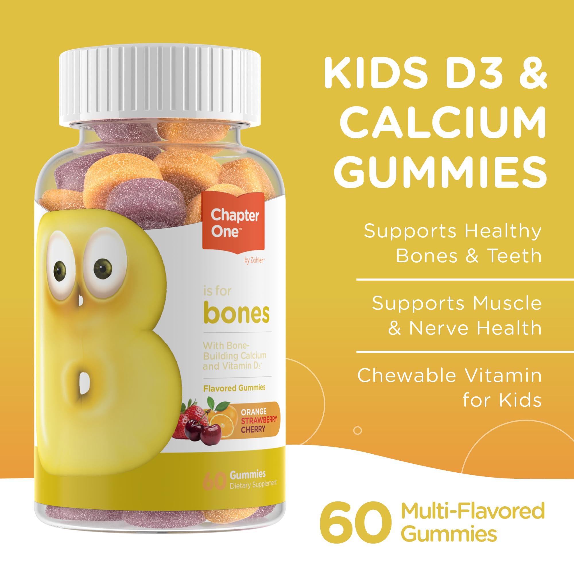 Zahler Yummy Kids Calcium Gummies bottle with label highlights non-GMO, gluten-free benefits