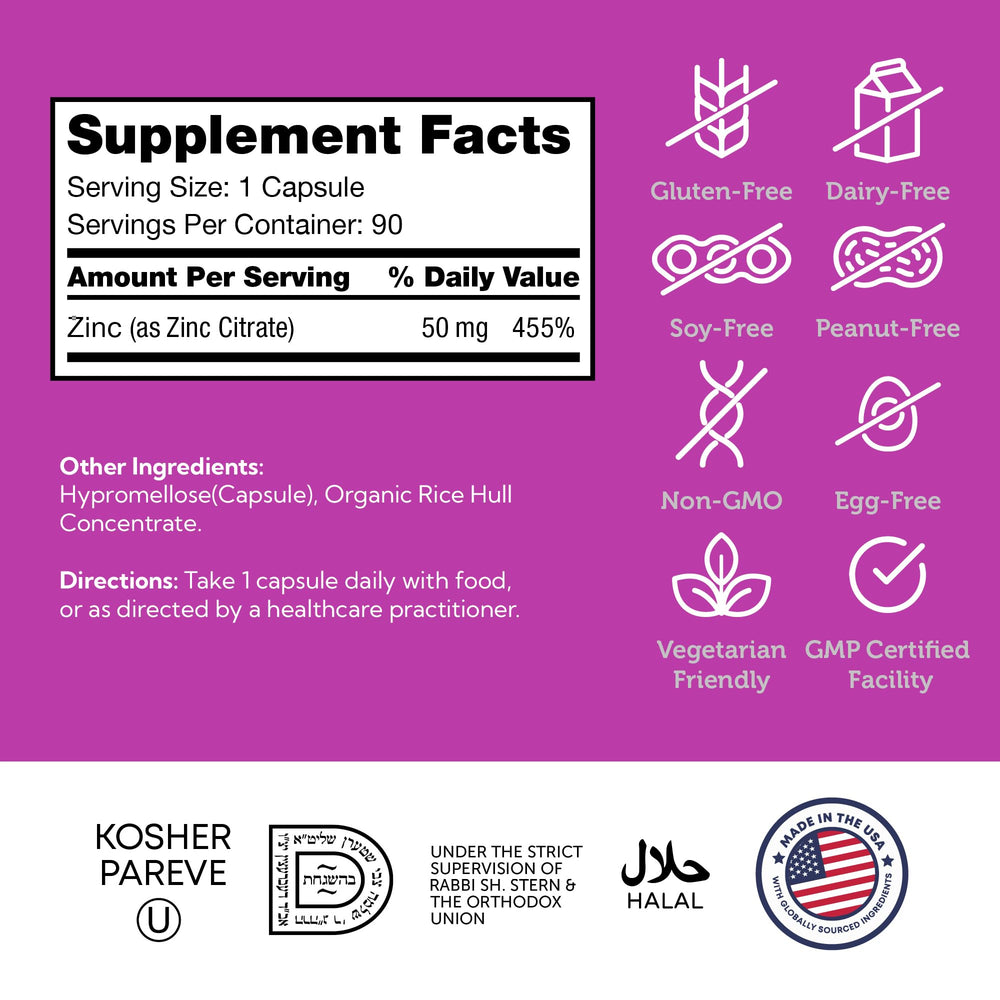 Zahler Zinc 50mg kosher-certification signals purity and dietary suitability