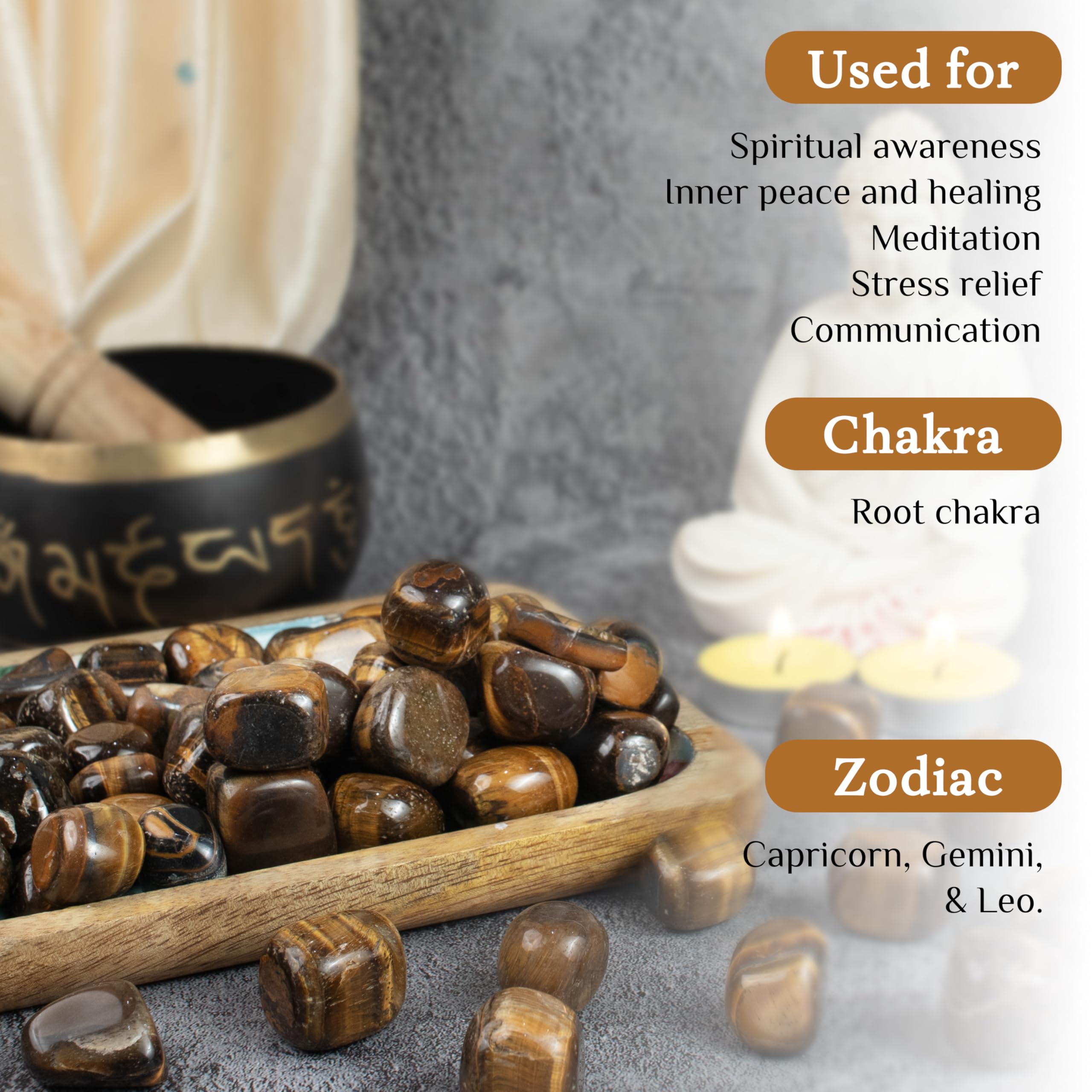ZAICUS tiger eye pieces arranged for tabletop display and meditation ambiance.