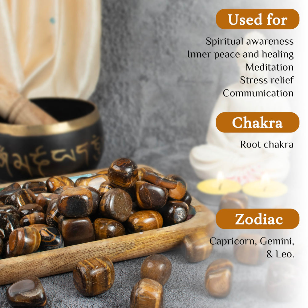 ZAICUS tiger eye pieces arranged for tabletop display and meditation ambiance.